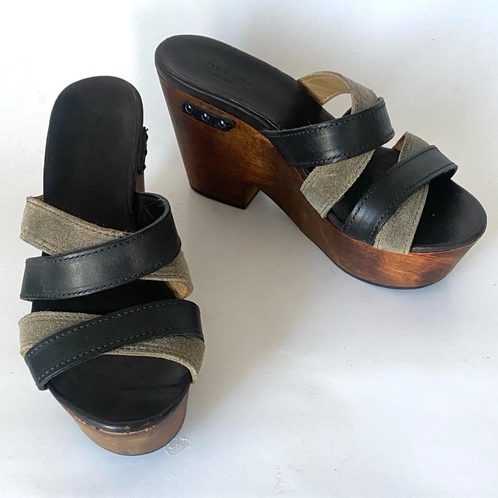 Rag & Bone Black & Tope Leather Platform 4” Wood Heels sz 6 Urban Edge Model